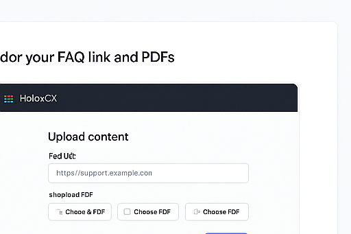 HolosCX content upload screen – add FAQ URLs and PDFs